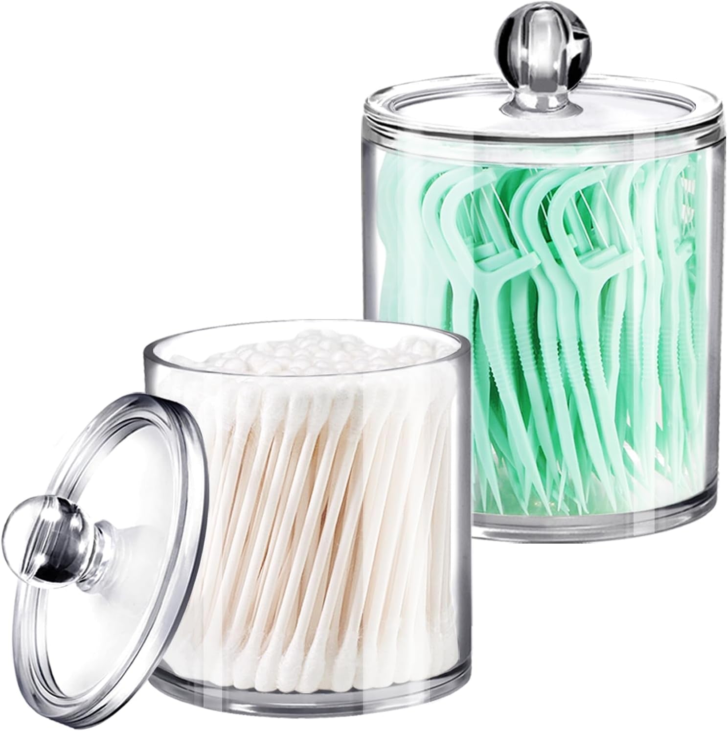 Qtip Dispenser Holder Bathroom Vanity Organizer Apothecary Jars Canister Set for Cotton Ball,Cotton Swab,Q-Tips,Cotton Rounds,Bath Salts,Premium Quality Plastic Acrylic Clear