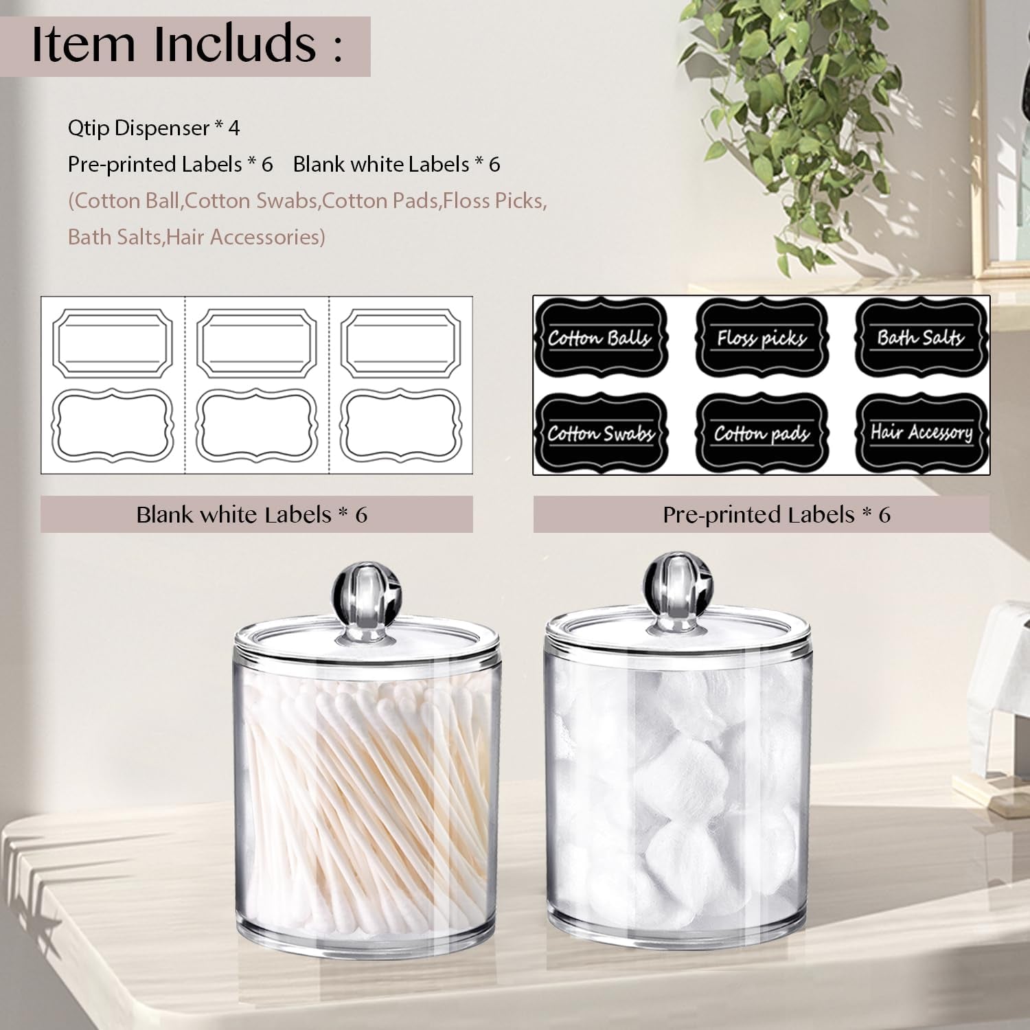 Qtip Dispenser Holder Bathroom Vanity Organizer Apothecary Jars Canister Set for Cotton Ball,Cotton Swab,Q-Tips,Cotton Rounds,Bath Salts,Premium Quality Plastic Acrylic Clear