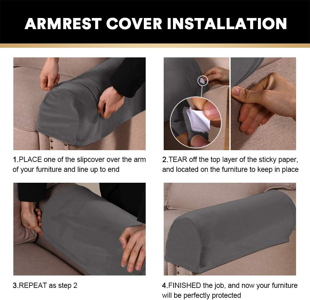 2 Pack Thick Velvet Stretch Armrest Covers for Chairs and Sofas - Non Slip, Grey
