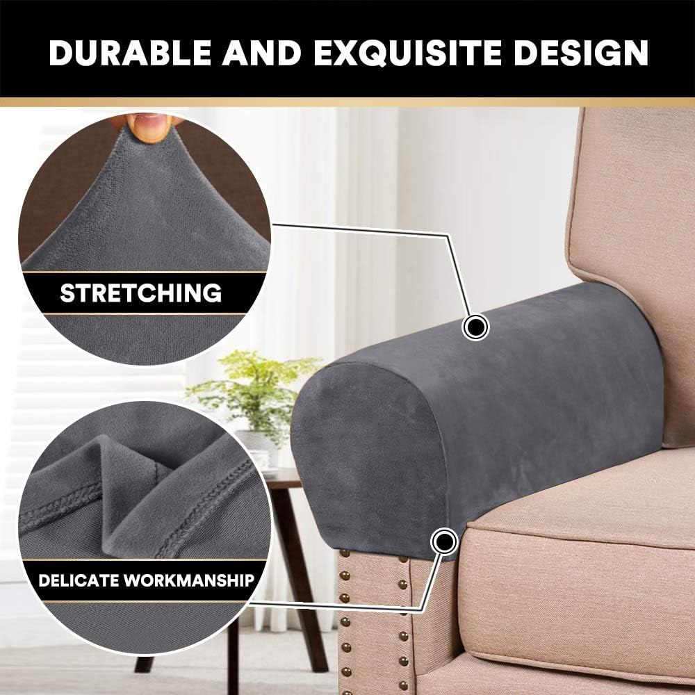 2 Pack Thick Velvet Stretch Armrest Covers for Chairs and Sofas - Non Slip, Grey