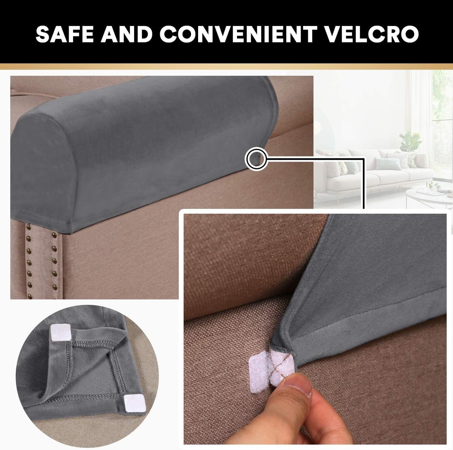 2 Pack Thick Velvet Stretch Armrest Covers for Chairs and Sofas - Non Slip, Grey
