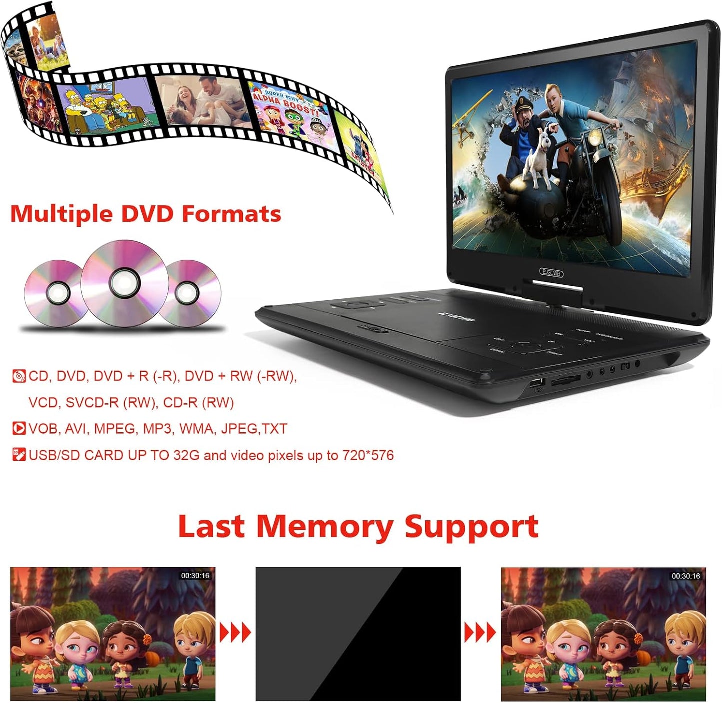 16.9" Portable DVD Player with 14.1" Large HD Screen,High Volume Speaker,4-6 Hours Built-In Rechargeable Battery,Support USB/SD Card/Sync TV and Multiple Disc Formats,Region Free,Remote Control,Black