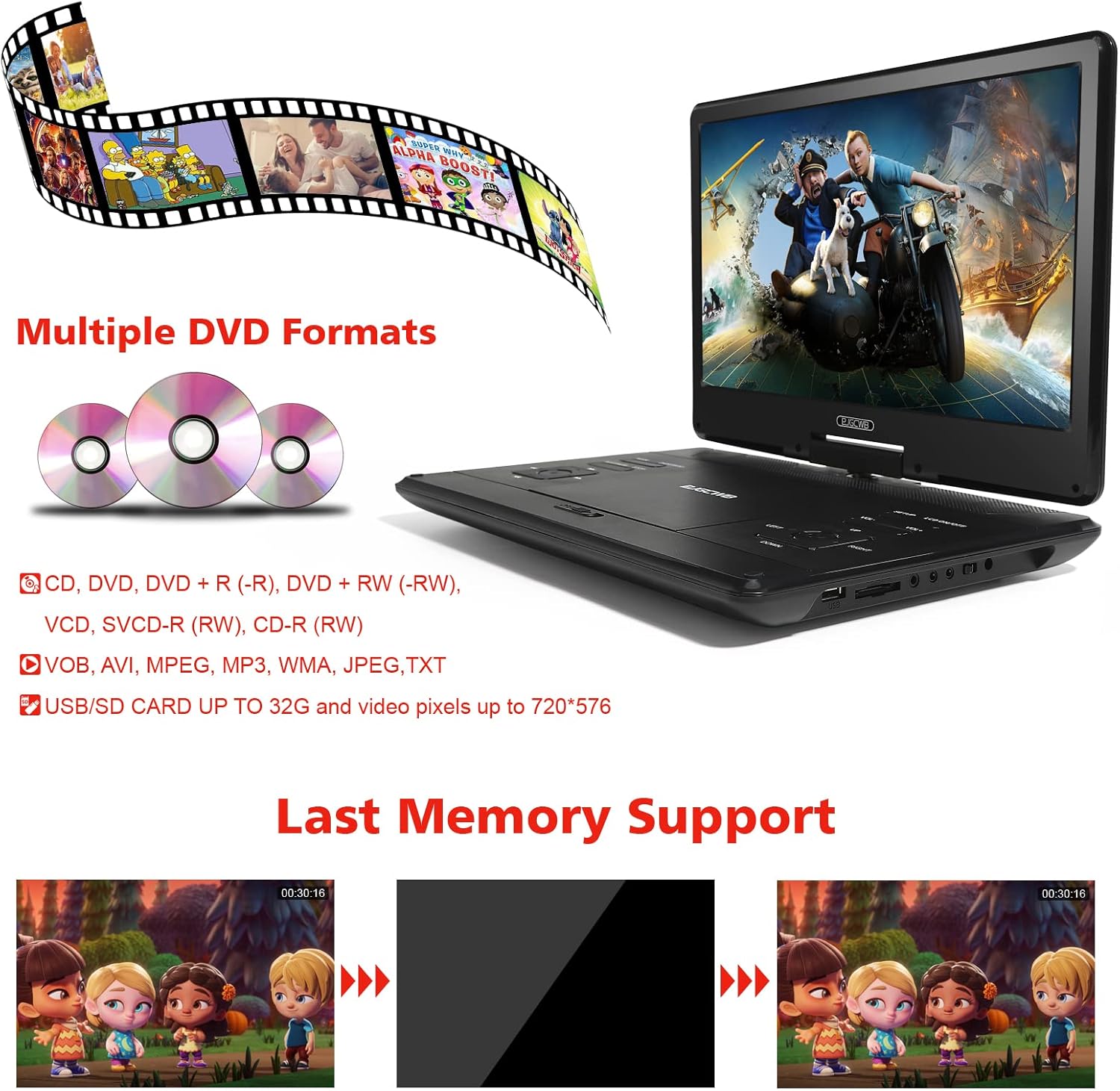 16.9" Portable DVD Player with 14.1" Large HD Screen,High Volume Speaker,4-6 Hours Built-In Rechargeable Battery,Support USB/SD Card/Sync TV and Multiple Disc Formats,Region Free,Remote Control,Black