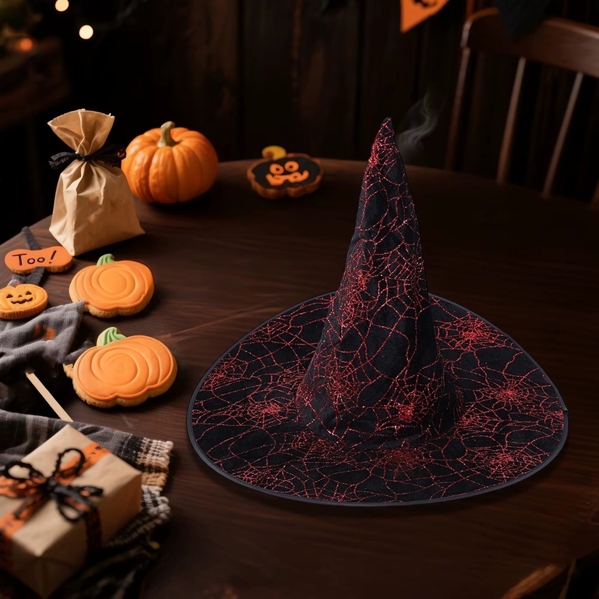 Black Lace Witch Hat w/Skull and Crossbones