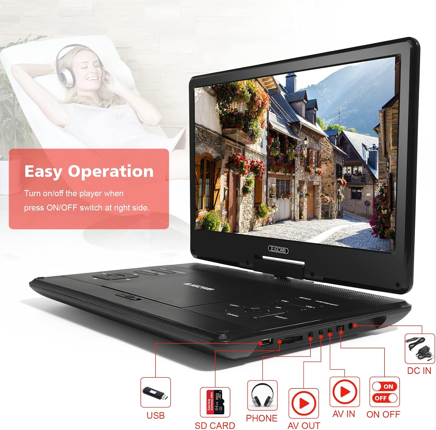 16.9" Portable DVD Player with 14.1" Large HD Screen,High Volume Speaker,4-6 Hours Built-In Rechargeable Battery,Support USB/SD Card/Sync TV and Multiple Disc Formats,Region Free,Remote Control,Black
