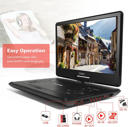 16.9" Portable DVD Player with 14.1" Large HD Screen,High Volume Speaker,4-6 Hours Built-In Rechargeable Battery,Support USB/SD Card/Sync TV and Multiple Disc Formats,Region Free,Remote Control,Black