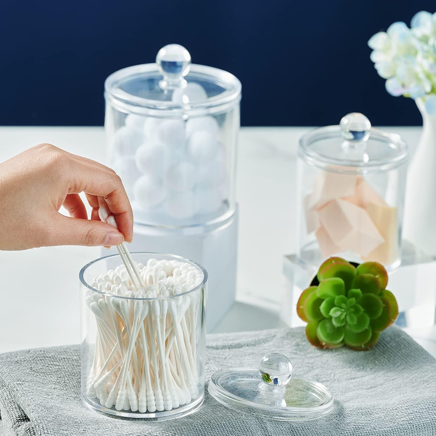 Qtip Dispenser Holder Bathroom Vanity Organizer Apothecary Jars Canister Set for Cotton Ball,Cotton Swab,Q-Tips,Cotton Rounds,Bath Salts,Premium Quality Plastic Acrylic Clear
