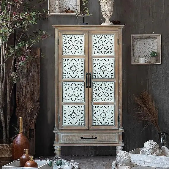 Accent Storage Cabinet Farmhouse Sideboard Buffet Cabinet with Wood Carved Floral Doors for Living Room, Dining Room, Entryway,