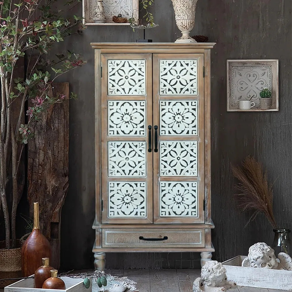 Accent Storage Cabinet Farmhouse Sideboard Buffet Cabinet with Wood Carved Floral Doors for Living Room, Dining Room, Entryway,