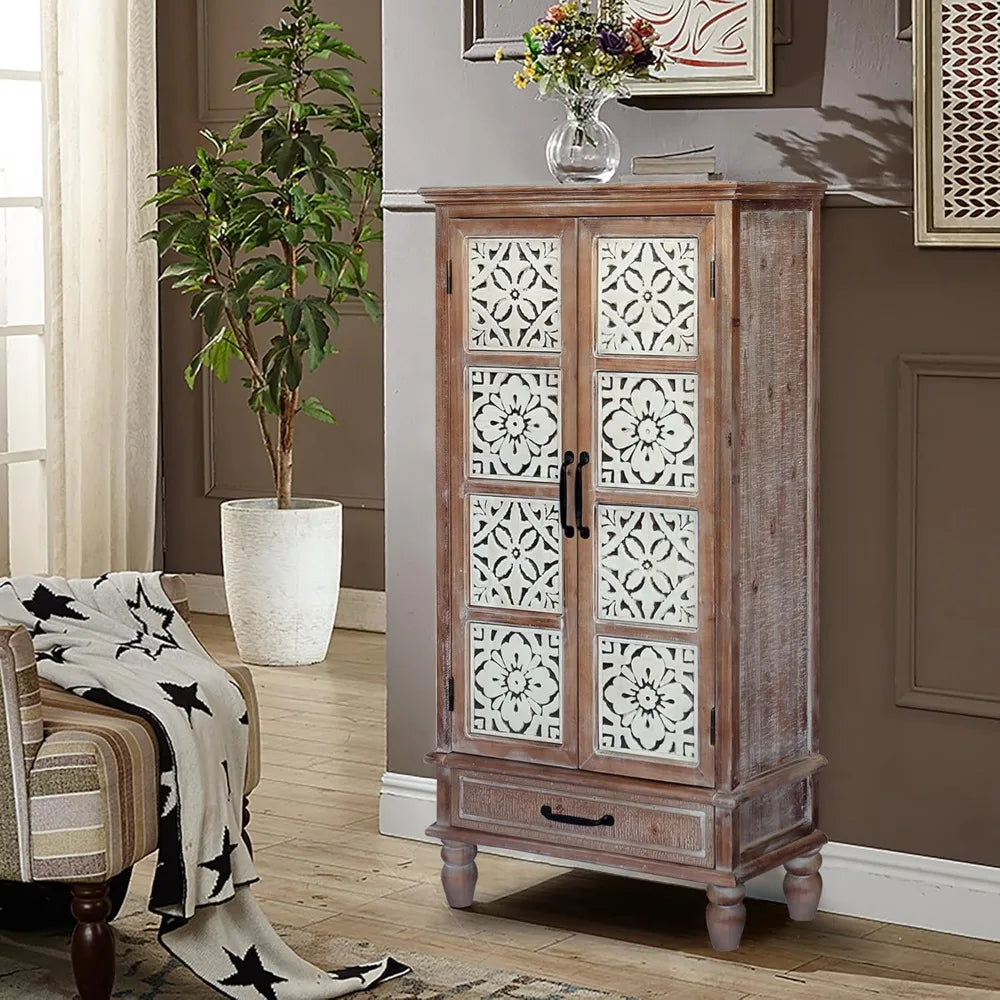 Accent Storage Cabinet Farmhouse Sideboard Buffet Cabinet with Wood Carved Floral Doors for Living Room, Dining Room, Entryway,