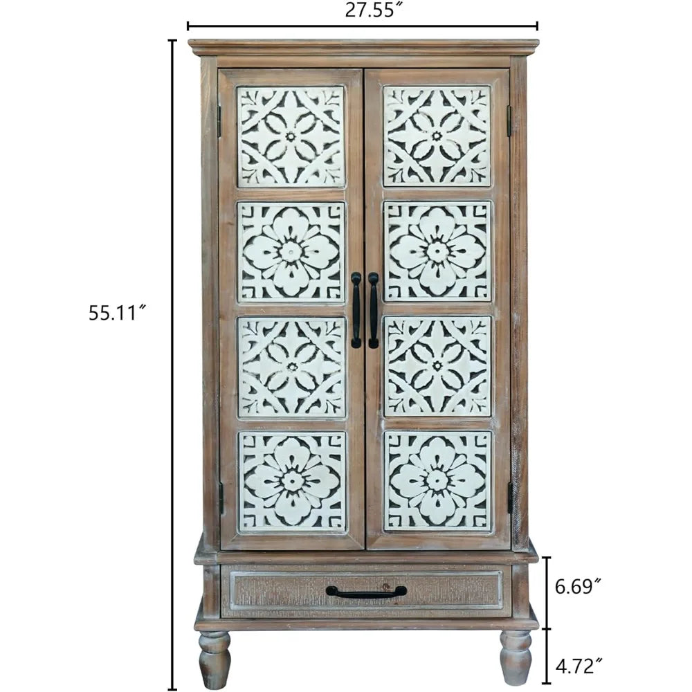 Accent Storage Cabinet Farmhouse Sideboard Buffet Cabinet with Wood Carved Floral Doors for Living Room, Dining Room, Entryway,
