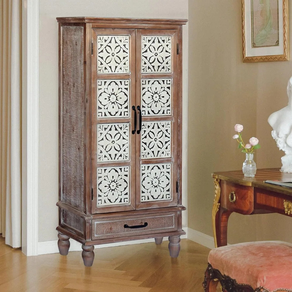 Accent Storage Cabinet Farmhouse Sideboard Buffet Cabinet with Wood Carved Floral Doors for Living Room, Dining Room, Entryway,