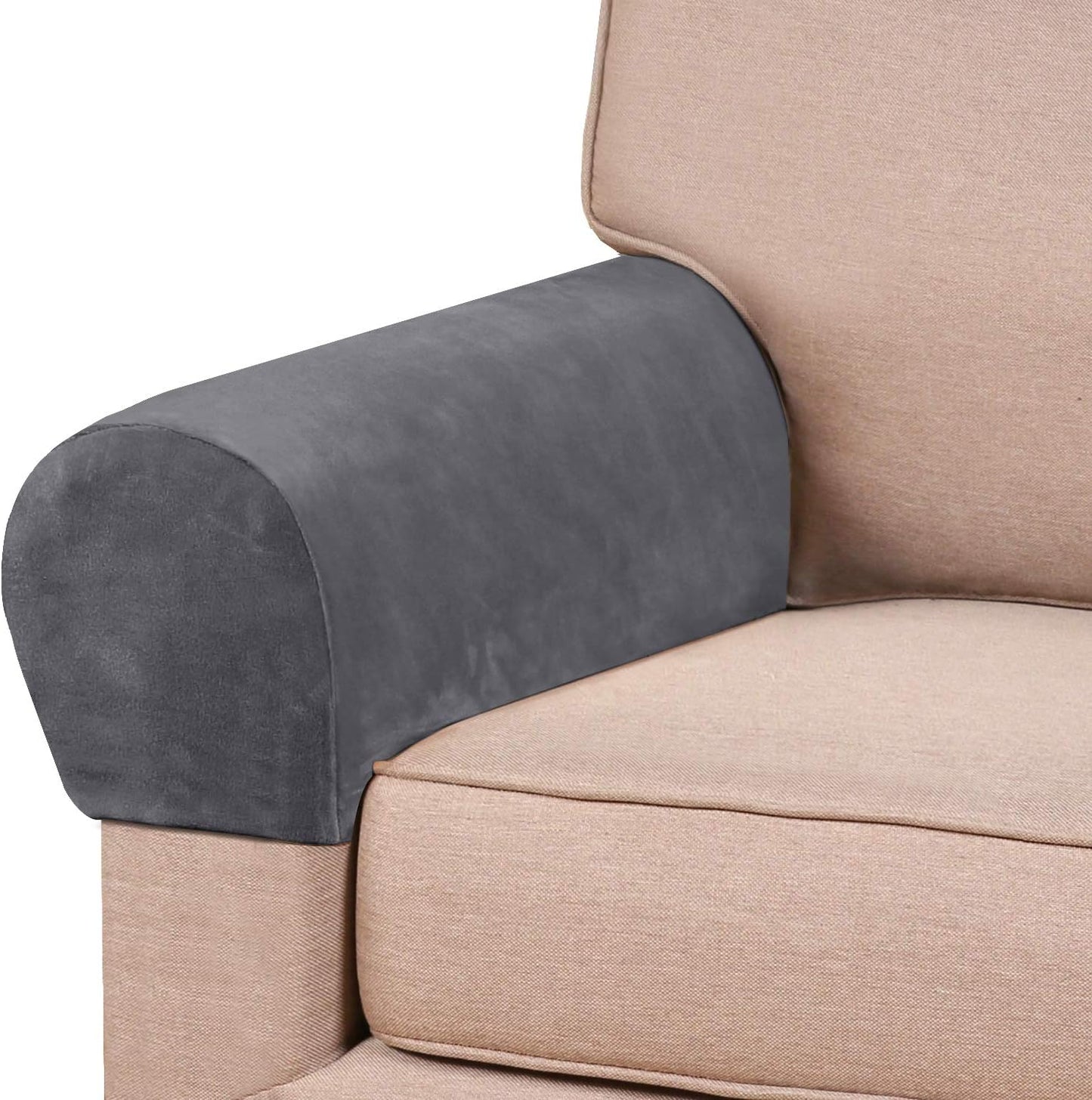 2 Pack Thick Velvet Stretch Armrest Covers for Chairs and Sofas - Non Slip, Grey