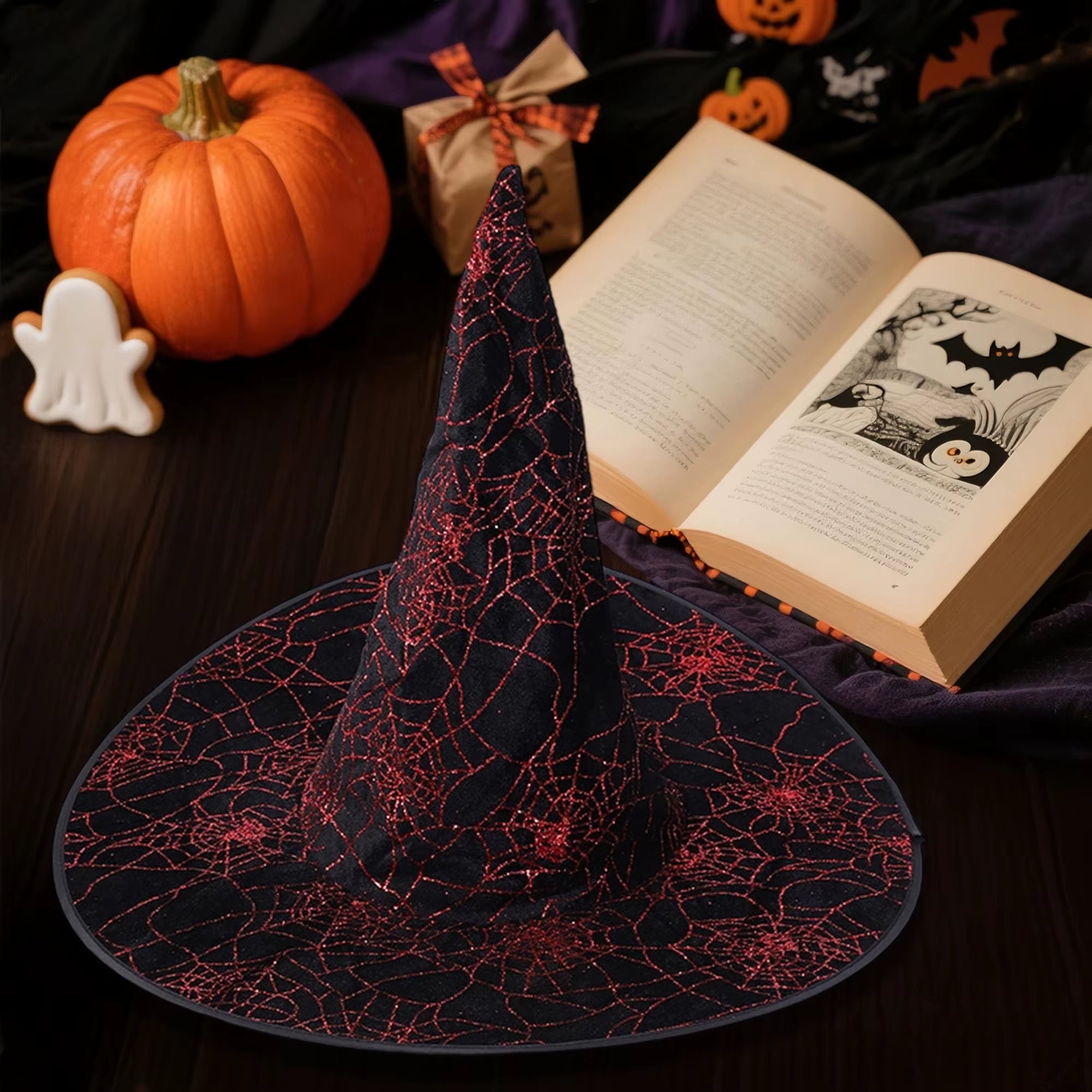 Black Lace Witch Hat w/Skull and Crossbones