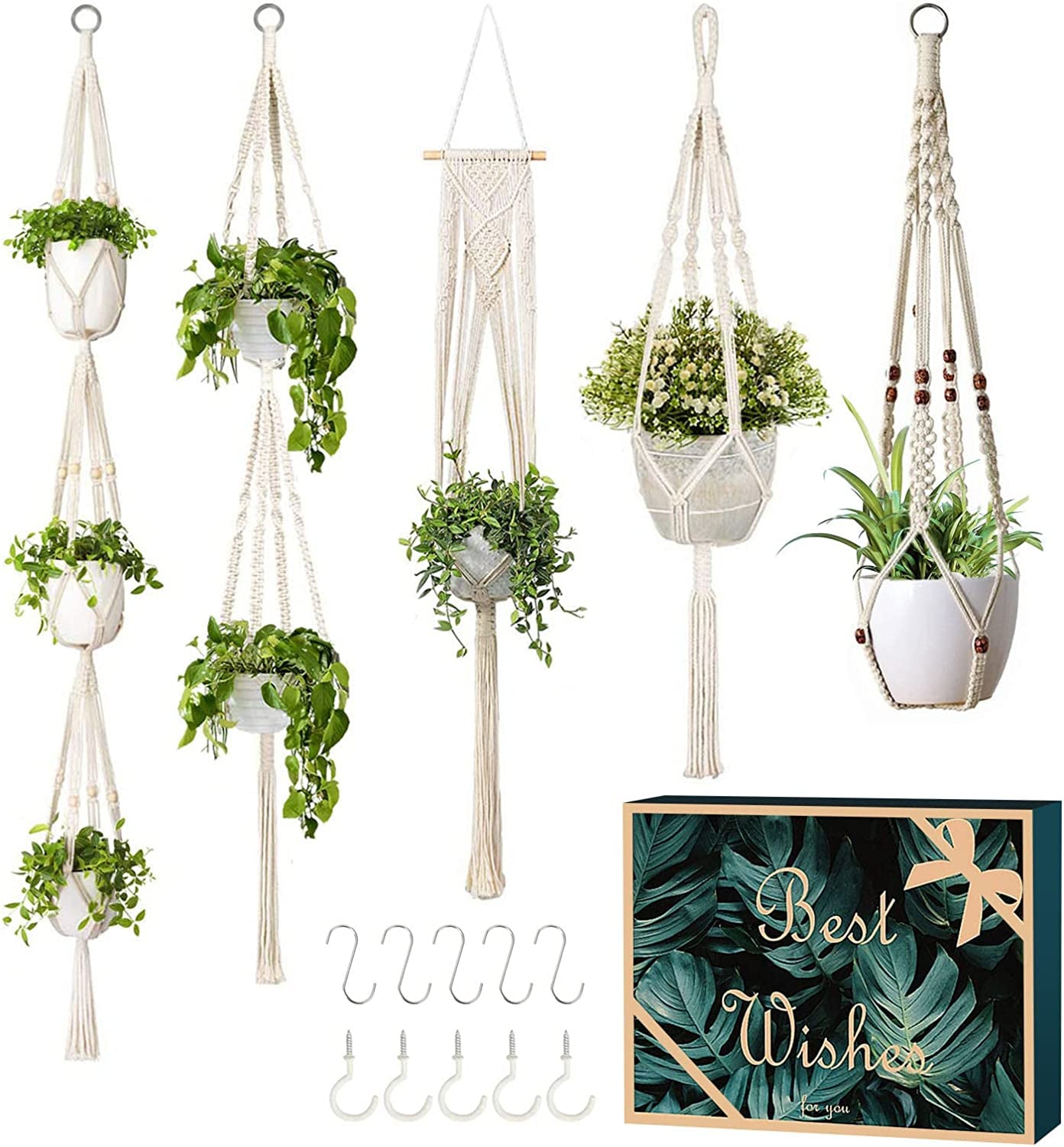 5 Packs Macrame Plant Hangers with 5 Hooks, Different Tiers Handmade Cotton Rope Hanging Planters Set Flower Pots Holder Stand for Indoor Outdoor Boho Home Decor