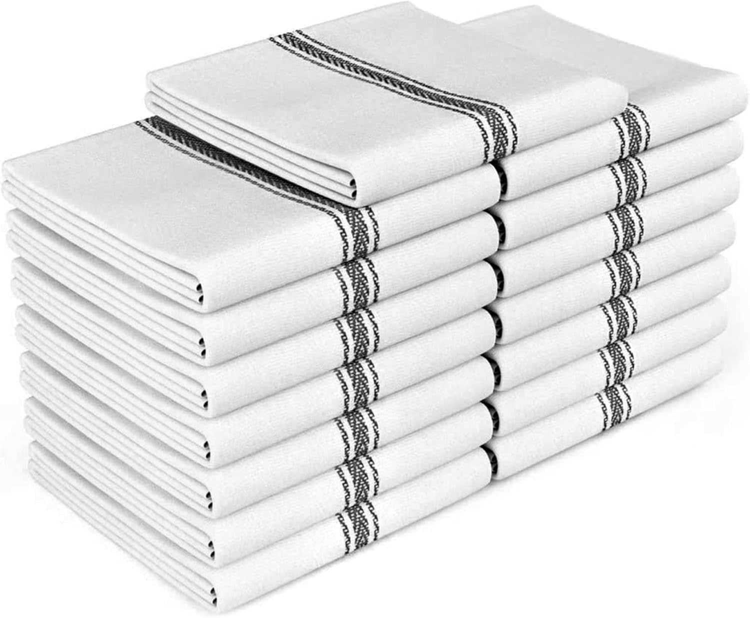 Classic Kitchen Towels - 15 Pack 100% Natural Cotton Towel Set, Reusable Wash Cloths, Absorbent Dish Towels, Machine Washable Hand Towels, Kitchen Essentials, 14” X 25”, Black Striped