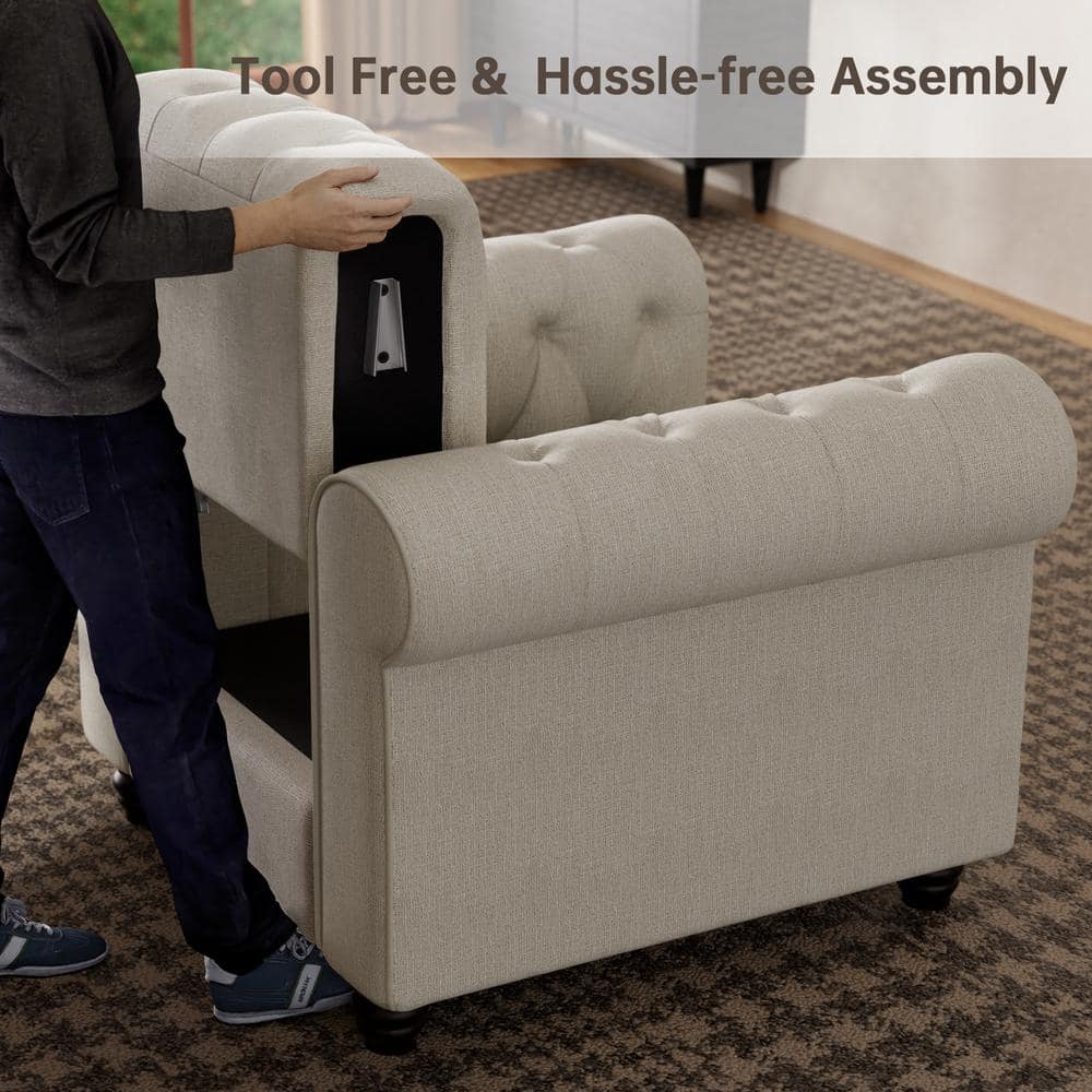 3pc Chesterfield Living Room Set - Beige Linen
