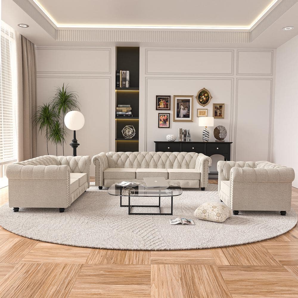 3pc Chesterfield Living Room Set - Beige Linen