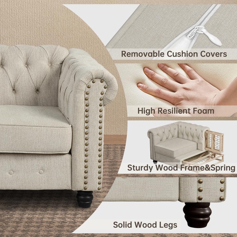 3pc Chesterfield Living Room Set - Beige Linen