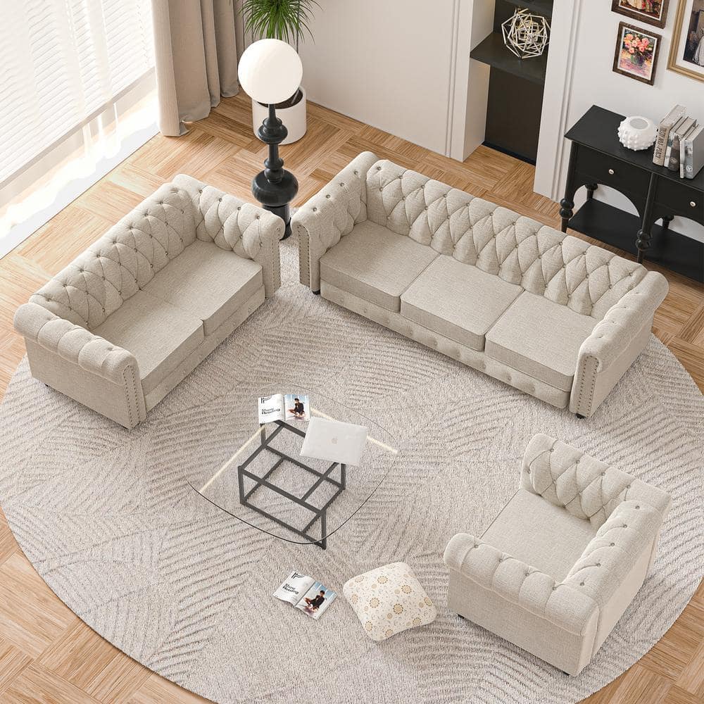 3pc Chesterfield Living Room Set - Beige Linen