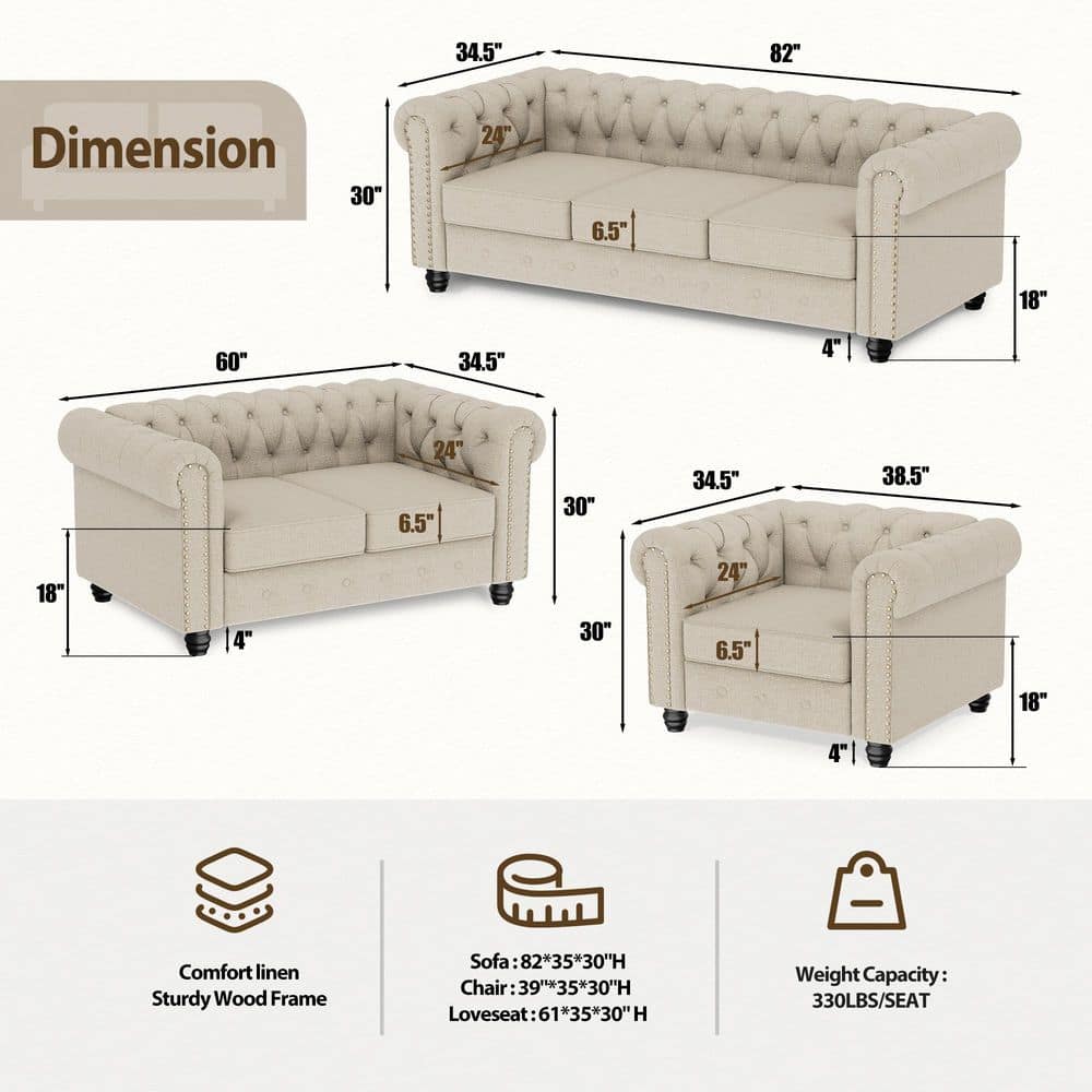 3pc Chesterfield Living Room Set - Beige Linen