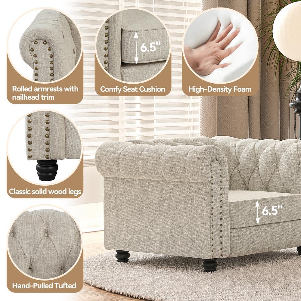 3pc Chesterfield Living Room Set - Beige Linen