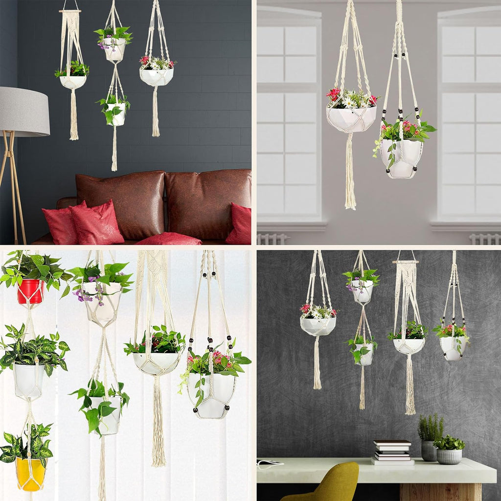 5 Packs Macrame Plant Hangers with 5 Hooks, Different Tiers Handmade Cotton Rope Hanging Planters Set Flower Pots Holder Stand for Indoor Outdoor Boho Home Decor