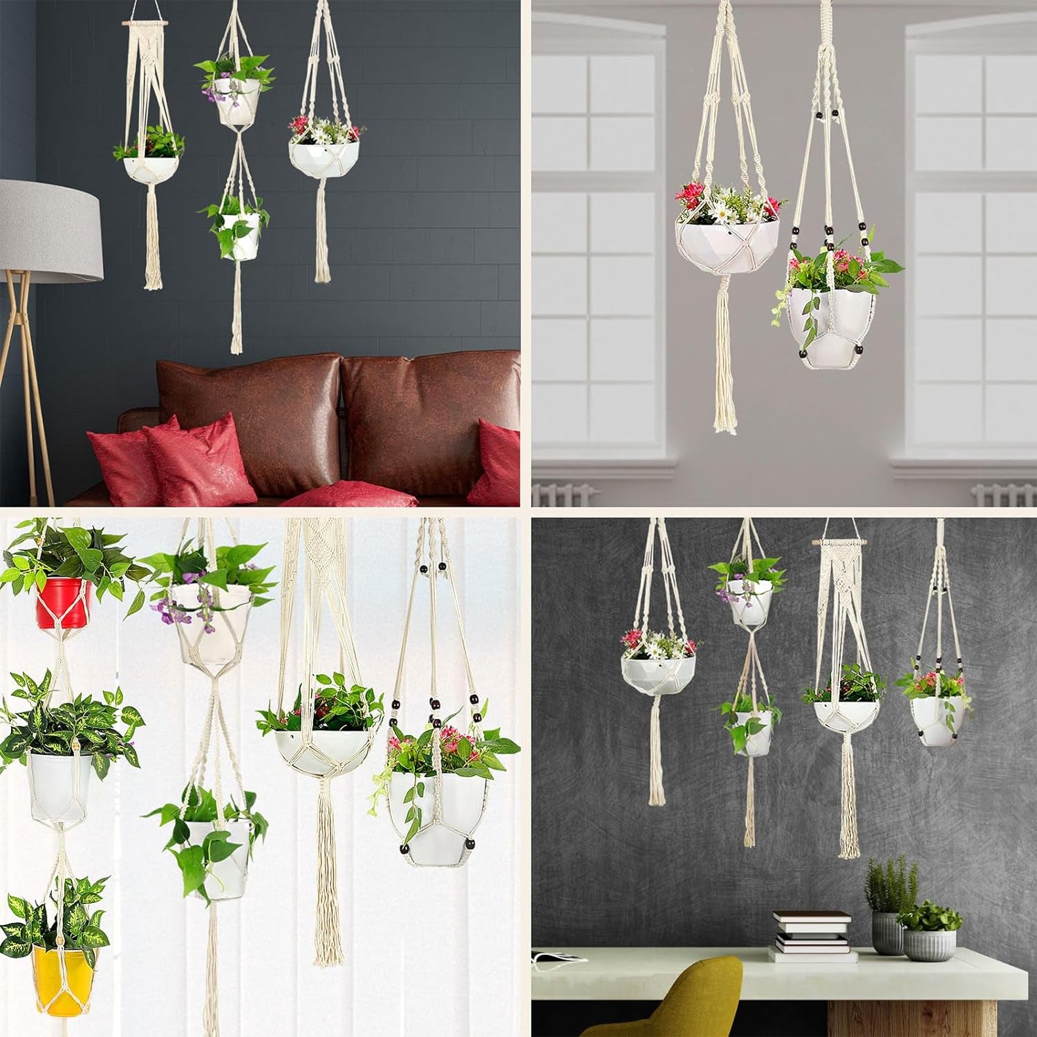 5 Packs Macrame Plant Hangers with 5 Hooks, Different Tiers Handmade Cotton Rope Hanging Planters Set Flower Pots Holder Stand for Indoor Outdoor Boho Home Decor