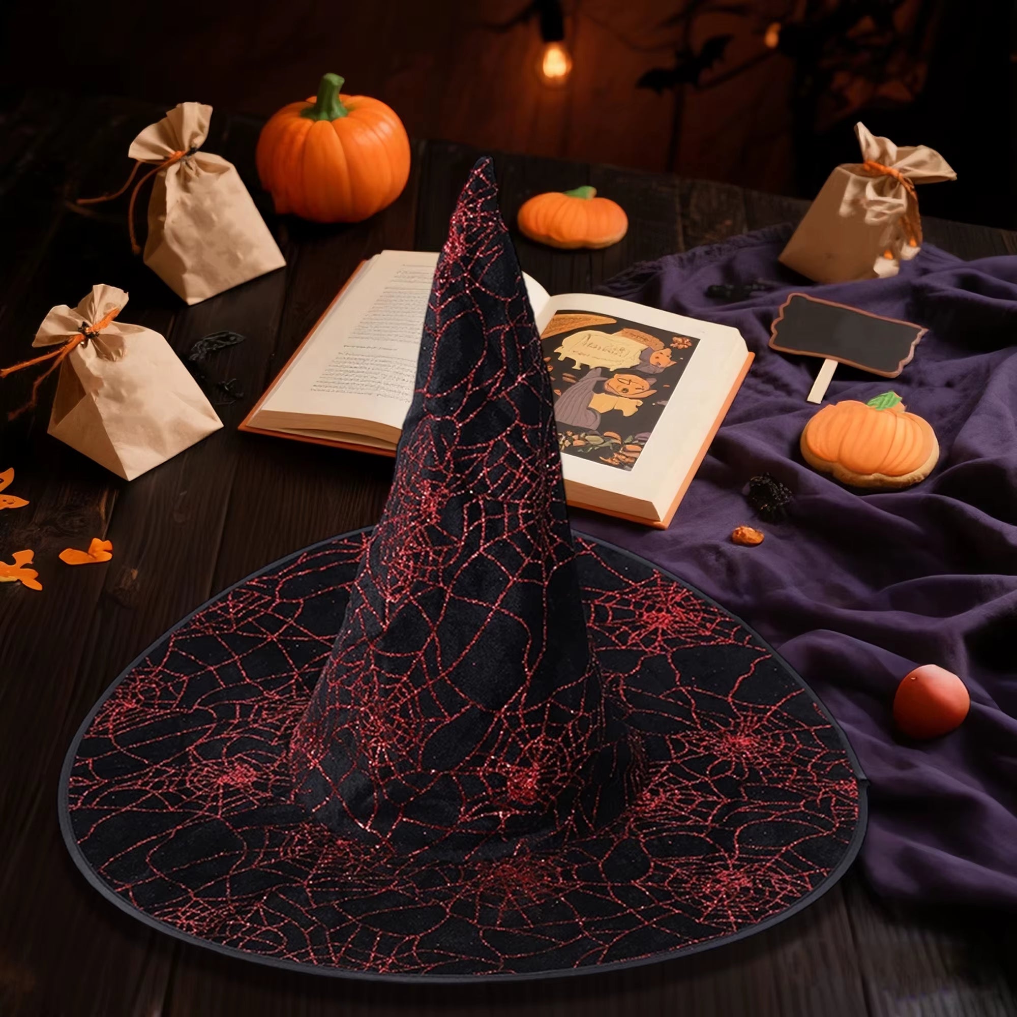 Black Lace Witch Hat w/Skull and Crossbones