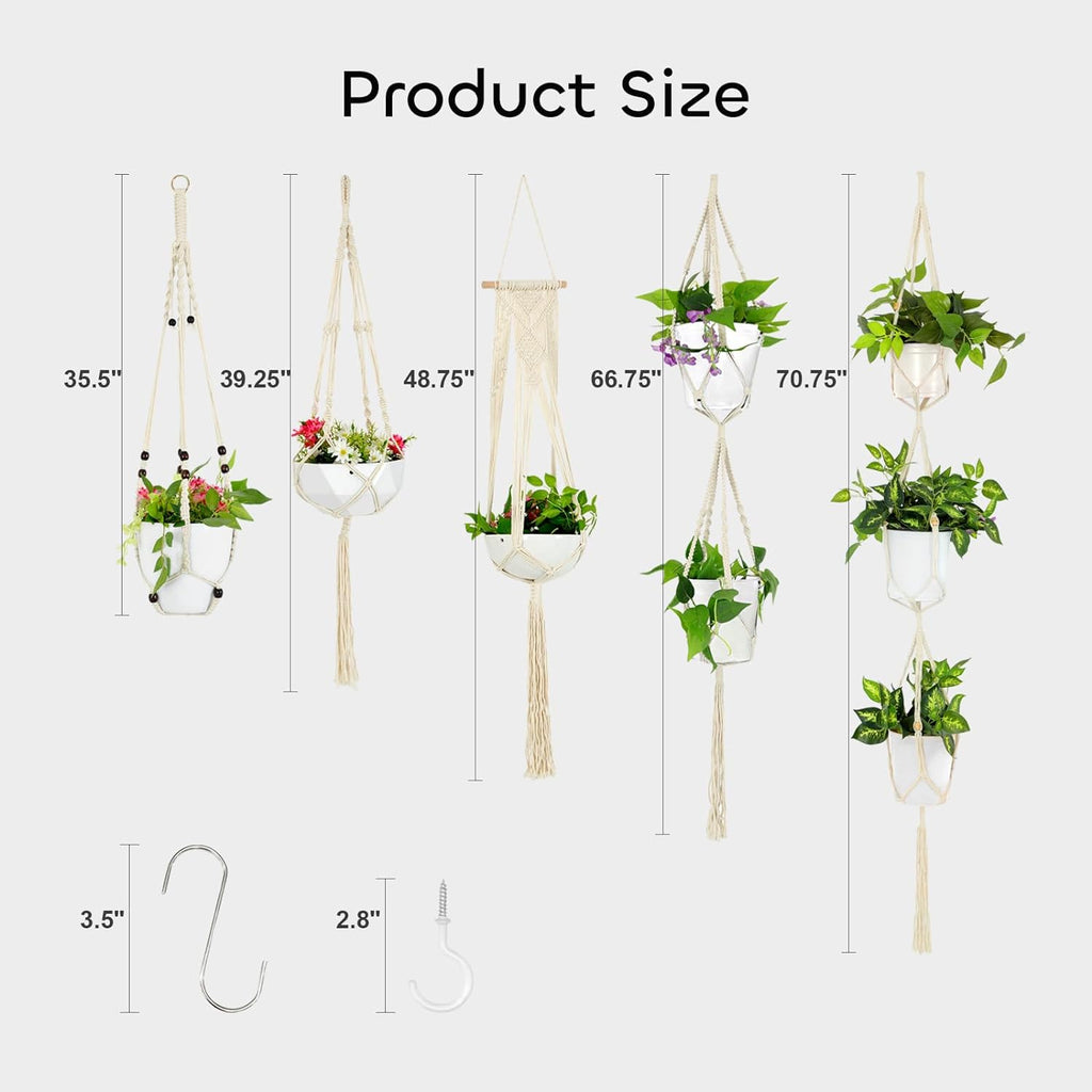 5 Packs Macrame Plant Hangers with 5 Hooks, Different Tiers Handmade Cotton Rope Hanging Planters Set Flower Pots Holder Stand for Indoor Outdoor Boho Home Decor