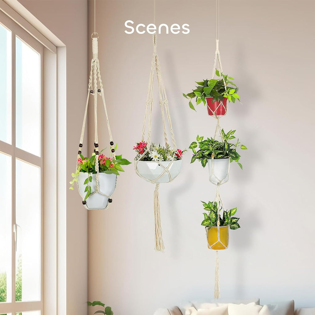 5 Packs Macrame Plant Hangers with 5 Hooks, Different Tiers Handmade Cotton Rope Hanging Planters Set Flower Pots Holder Stand for Indoor Outdoor Boho Home Decor