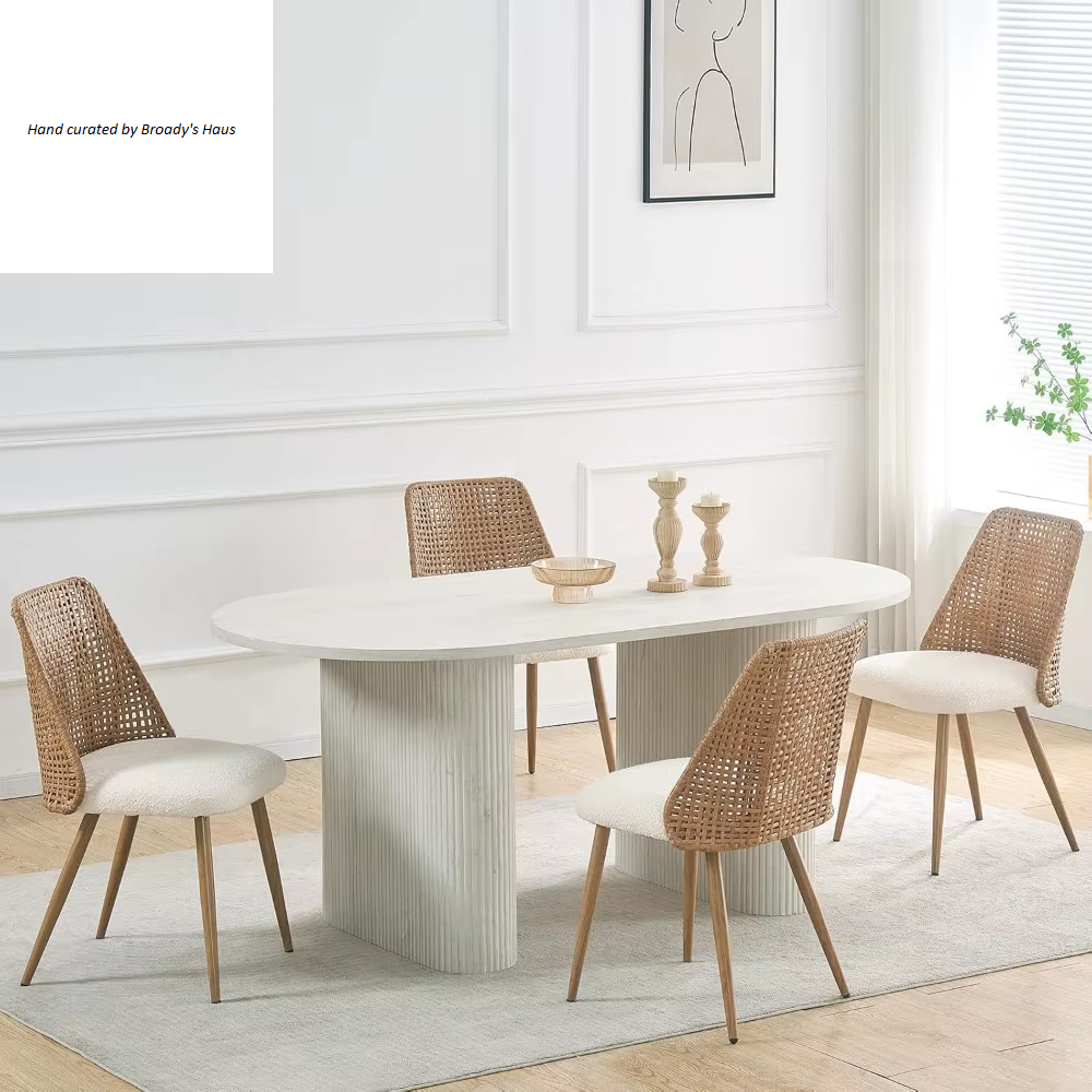 Modern Rattan and Boucle Dining Chairs - Set of 4