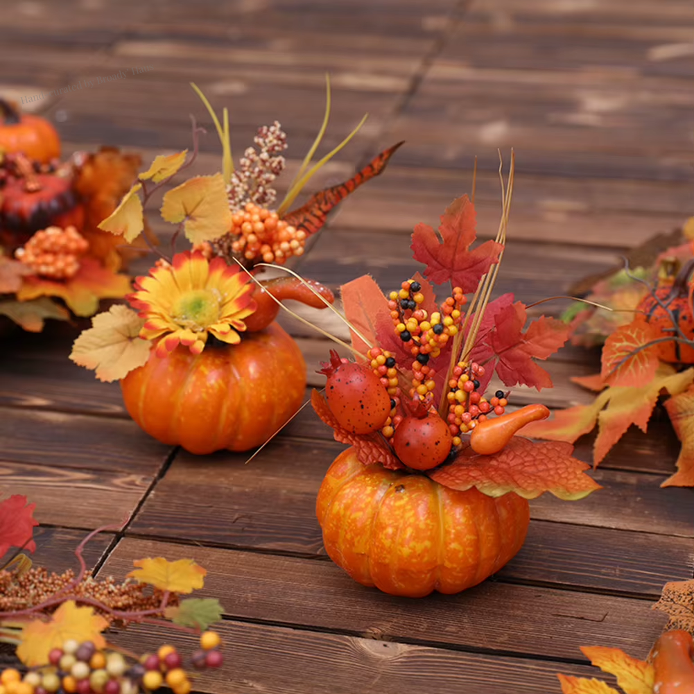 Autumn Pumpkin Table Centerpiece w/Leaves & Berries