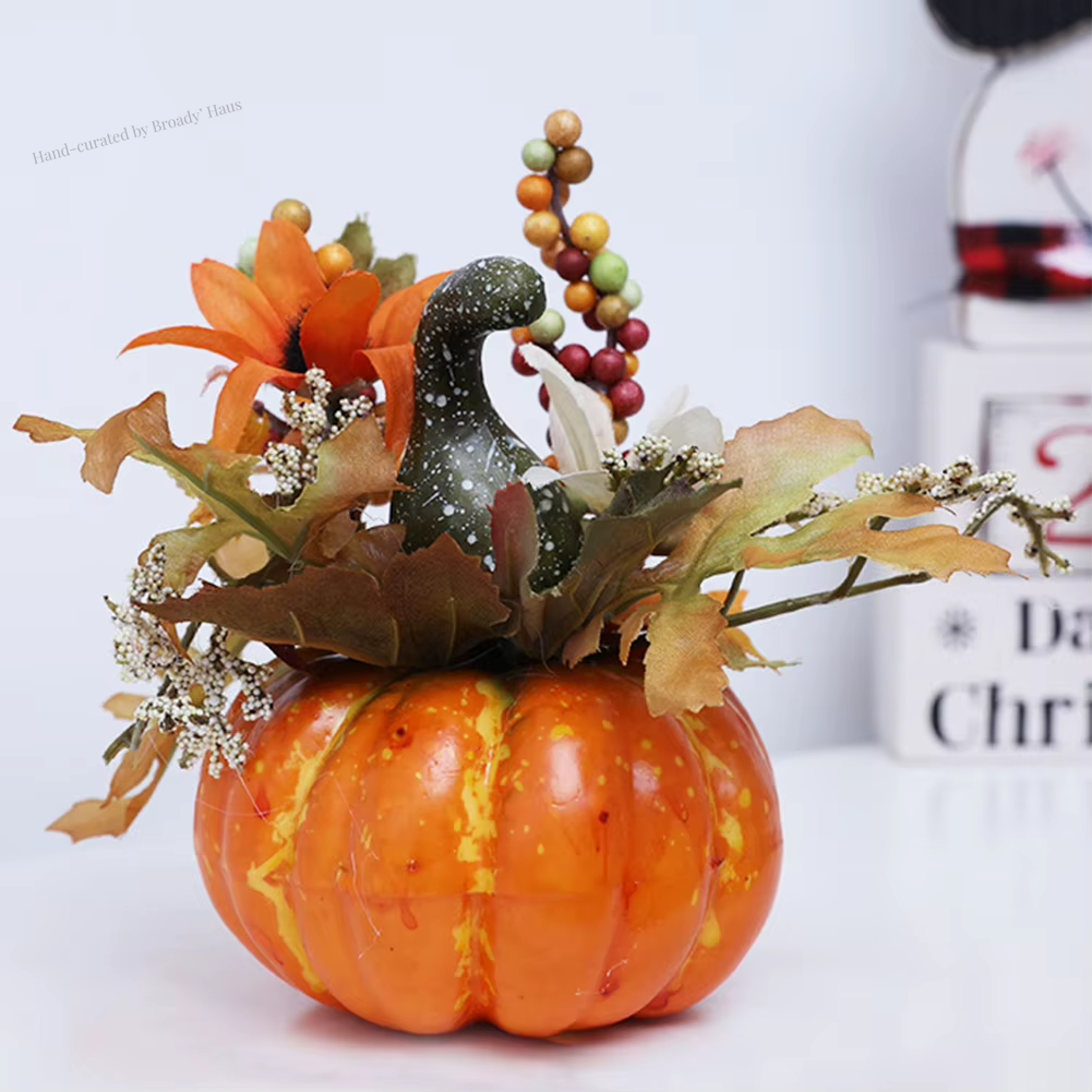 Autumn Pumpkin Table Centerpiece w/Leaves & Berries