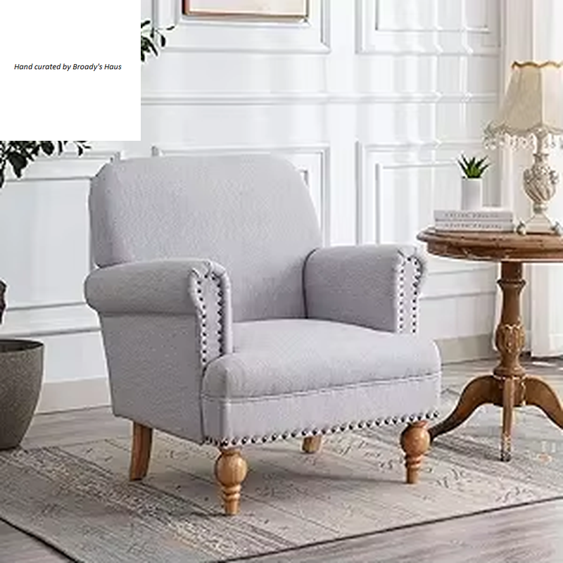 Mid-Century Modern Linen Upholstered Accent Chair w/Nailhead Trim 