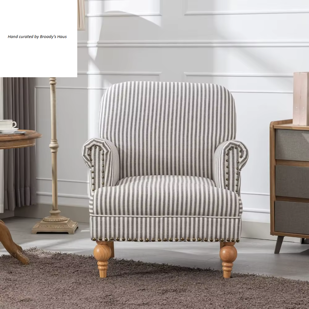 Mid-Century Modern Linen Upholstered Accent Chair w/Nailhead Trim 