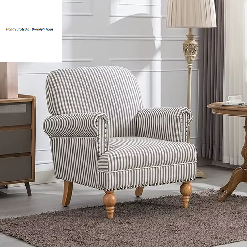 Mid-Century Modern Linen Upholstered Accent Chair w/Nailhead Trim 