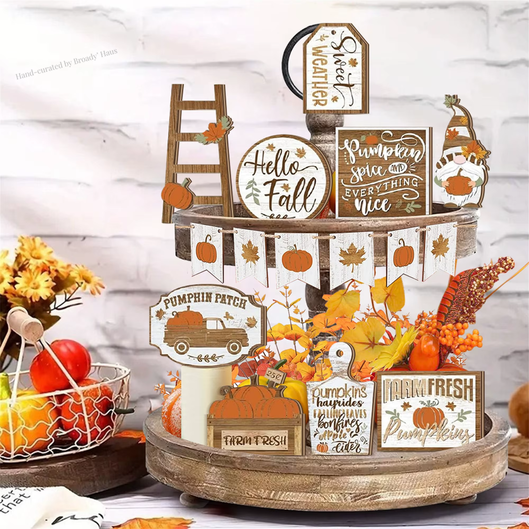 Fall Harvest Tiered Tray Wooden Pumpkin and Maple Leaf Table Centerpiece 