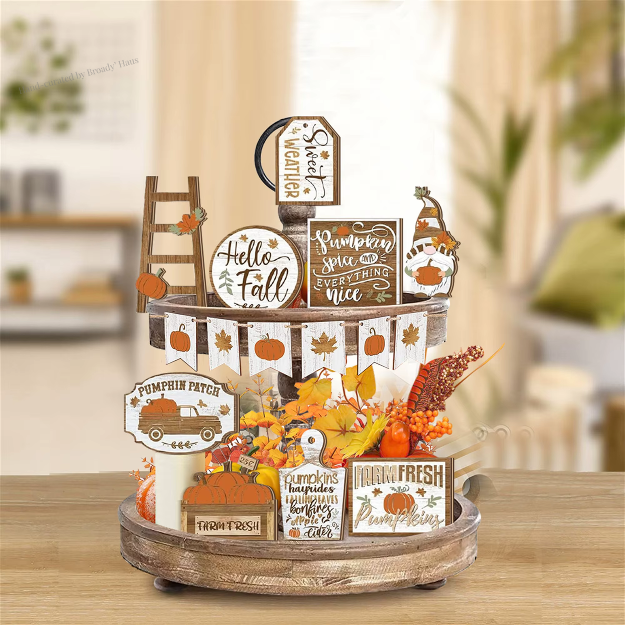 Fall Harvest Tiered Tray Wooden Pumpkin and Maple Leaf Table Centerpiece 