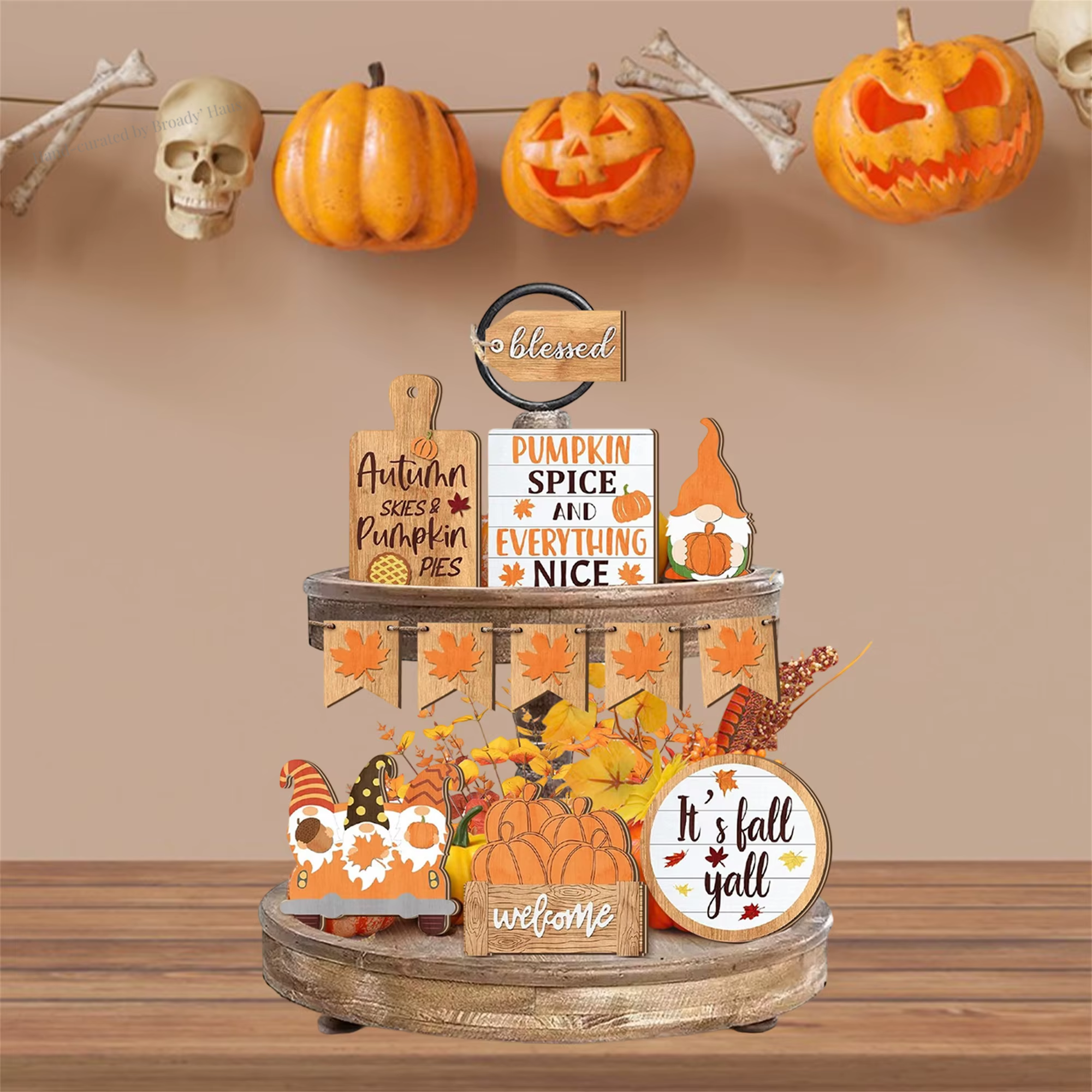 Fall Harvest Wooden Blessed Pumpkin Spice Table Centerpiece
