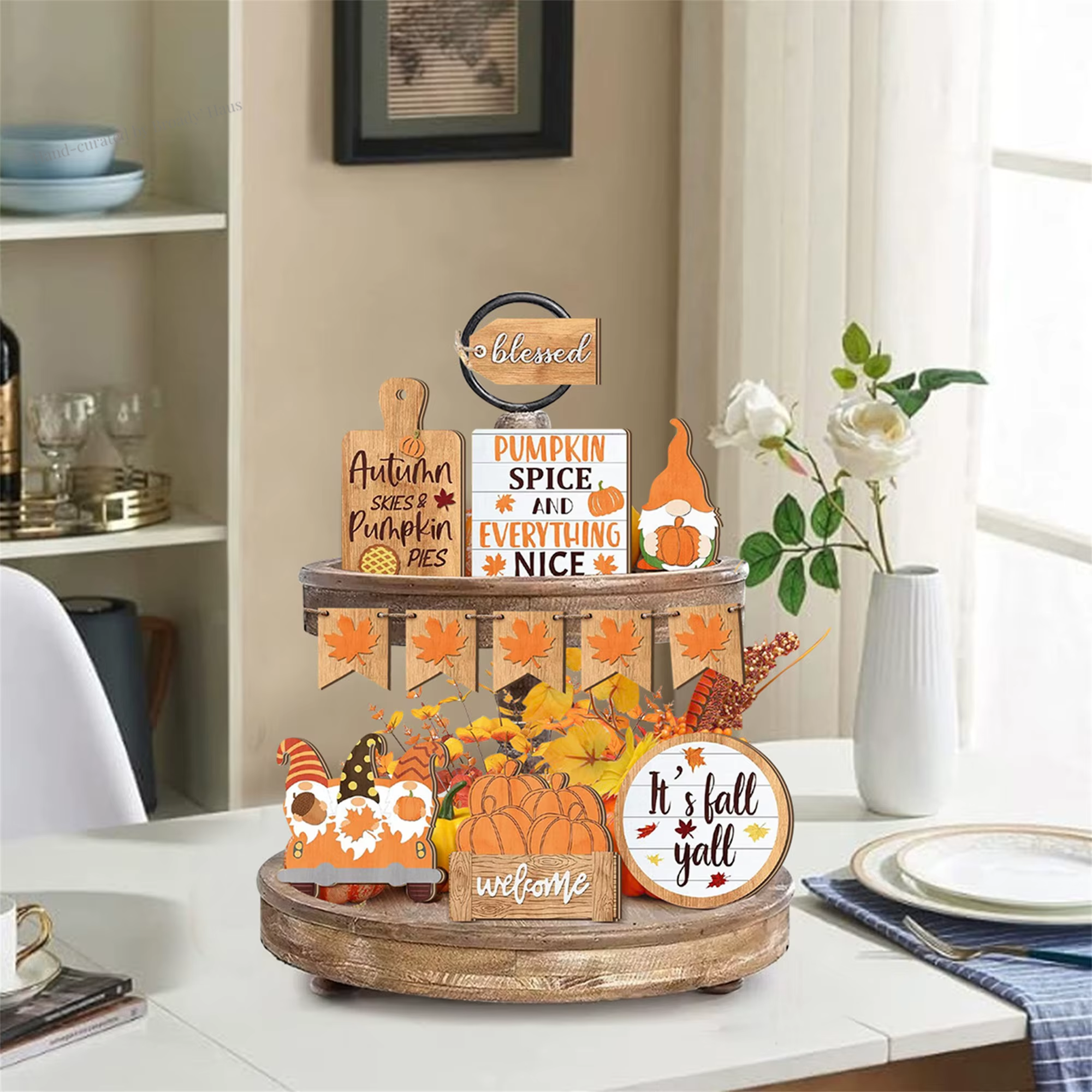 Fall Harvest Wooden Blessed Pumpkin Spice Table Centerpiece
