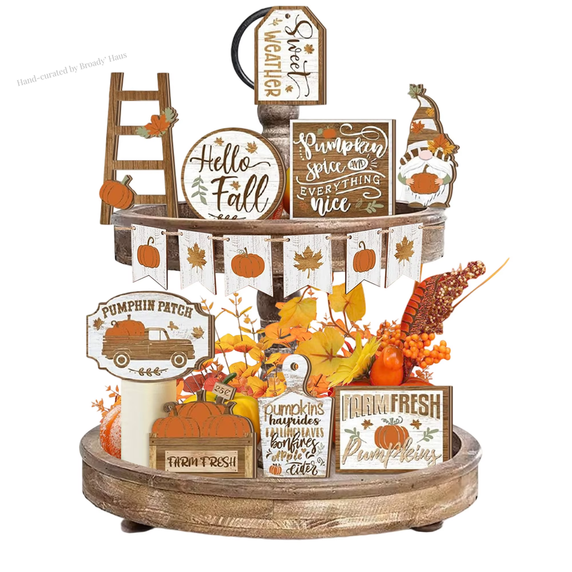Fall Harvest Tiered Tray Wooden Pumpkin and Maple Leaf Table Centerpiece 