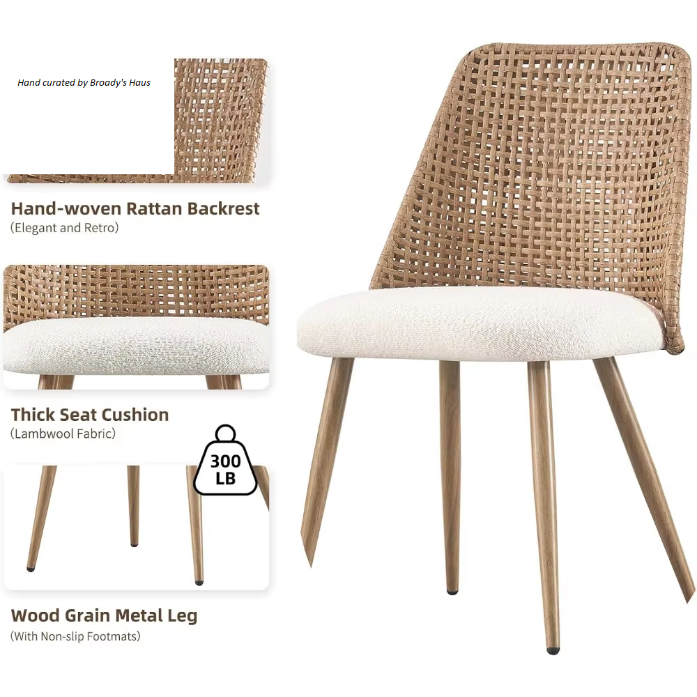 Modern Rattan and Boucle Dining Chairs - Set of 4