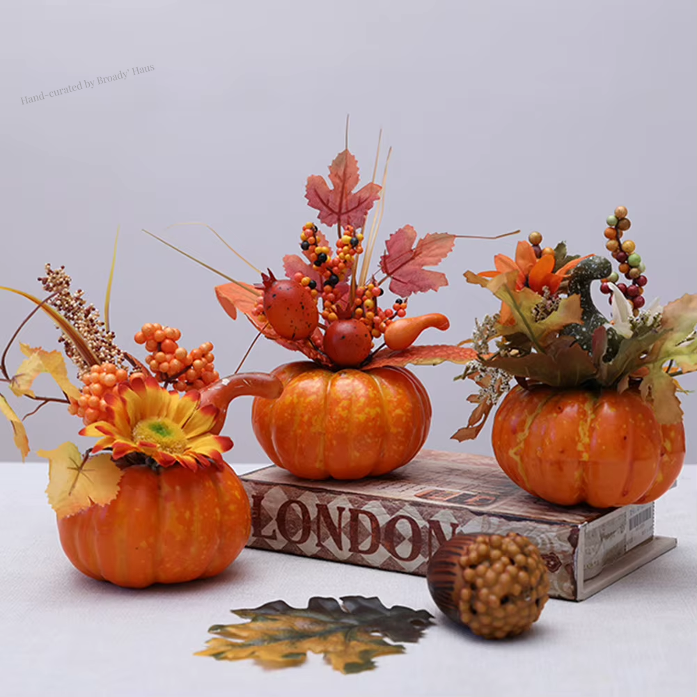 Autumn Pumpkin Table Centerpiece w/Leaves & Berries