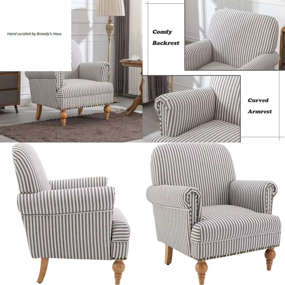 Mid-Century Modern Linen Upholstered Accent Chair w/Nailhead Trim 