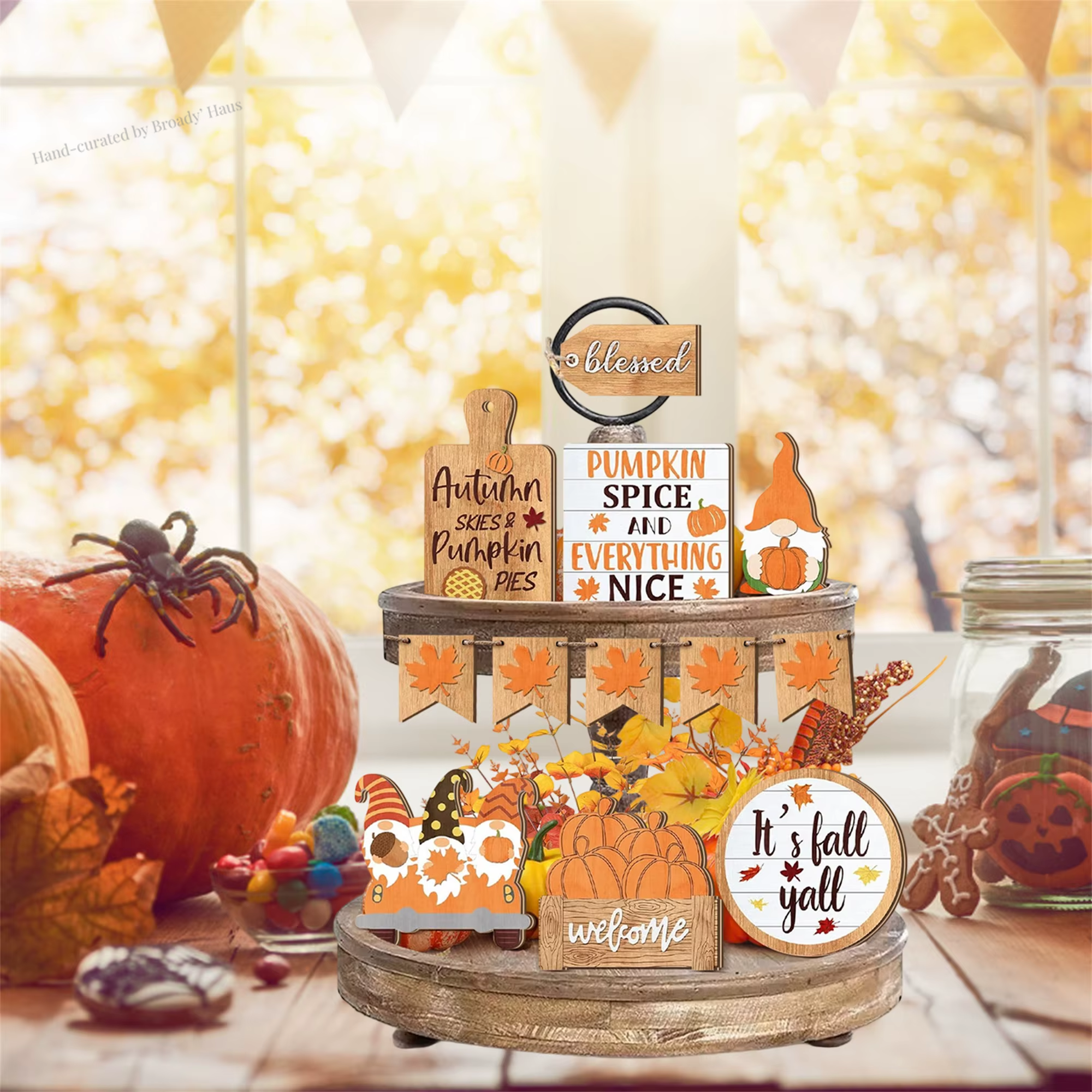 Fall Harvest Wooden Blessed Pumpkin Spice Table Centerpiece