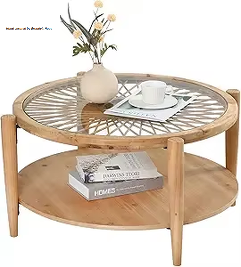 2-Tier Mid Century Modern Rattan Coffee Table w/Glass Top