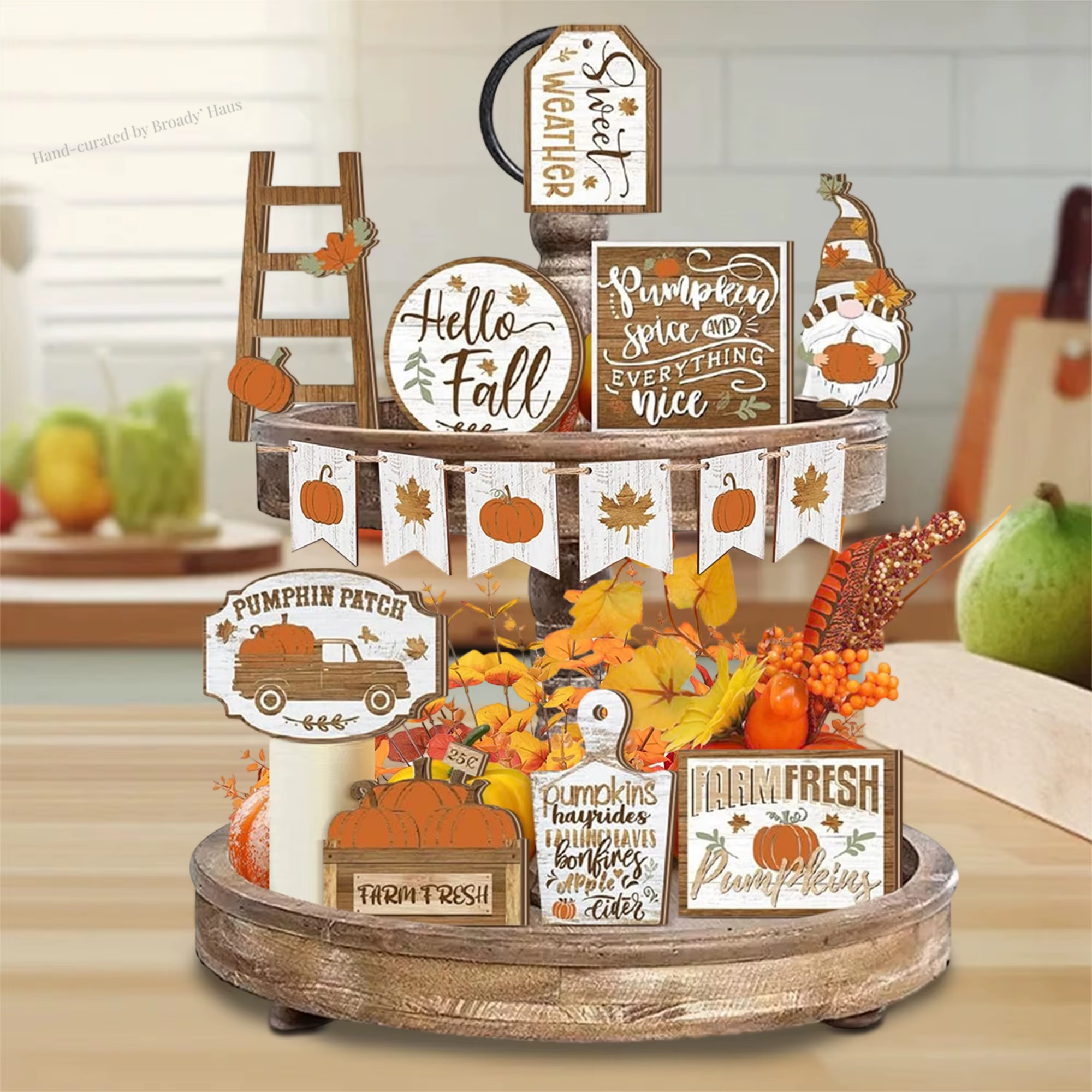 Fall Harvest Tiered Tray Wooden Pumpkin and Maple Leaf Table Centerpiece 