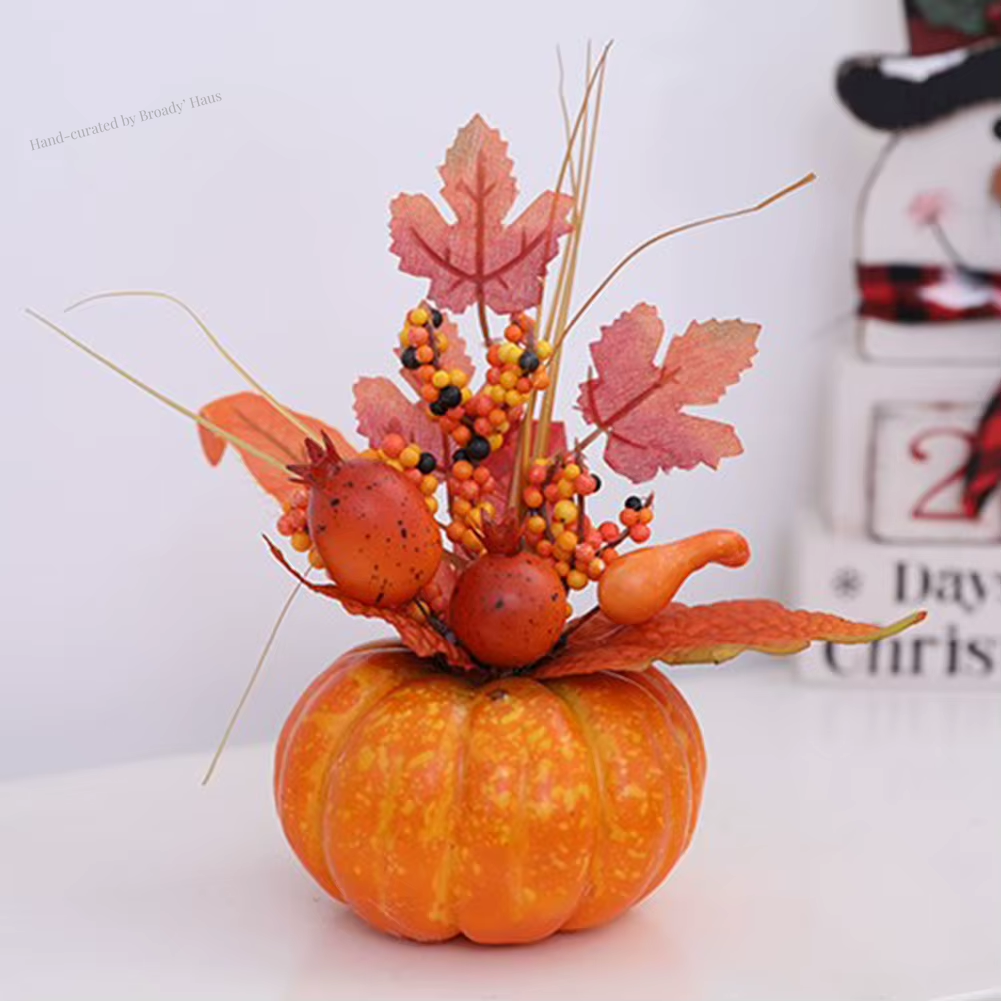 Autumn Pumpkin Table Centerpiece w/Leaves & Berries