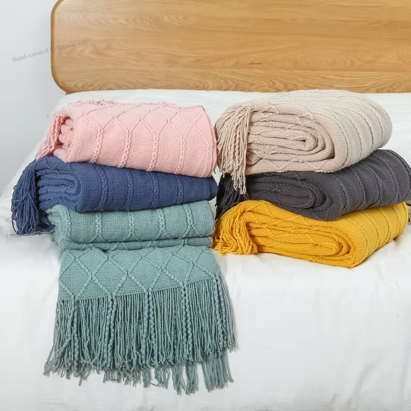 Nordic Knitted Throw Blankets w/Tassels 